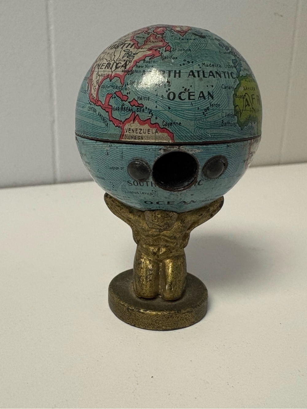 1920s Antique Atlas Holding Earth Pencil Sharpener Made in Germany Trade Routes